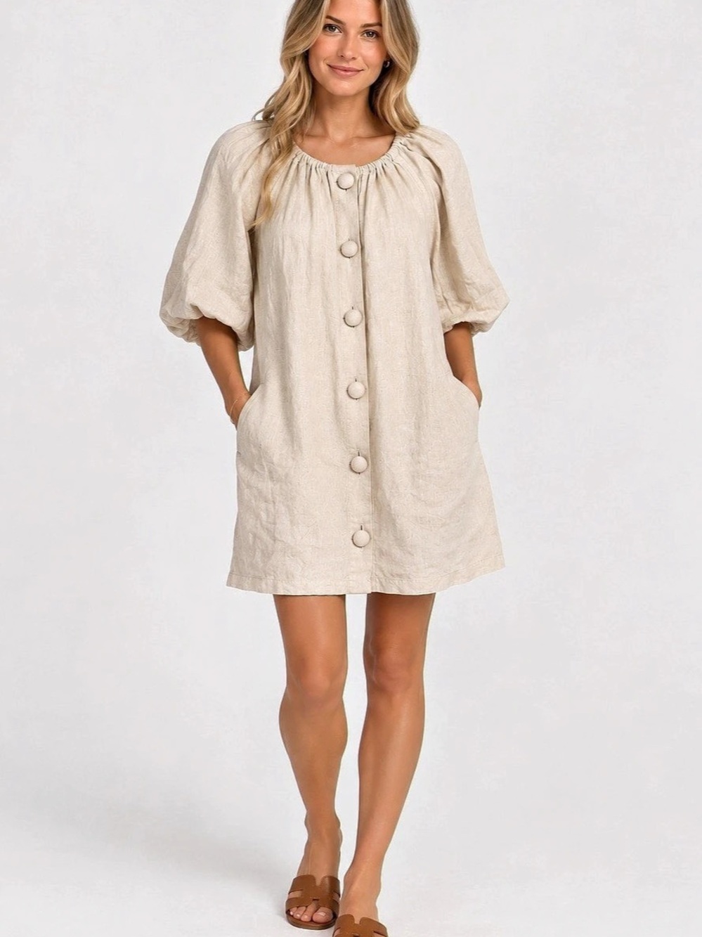 Marie Oliver Cream Linen Button Front Mini Dress – Size L